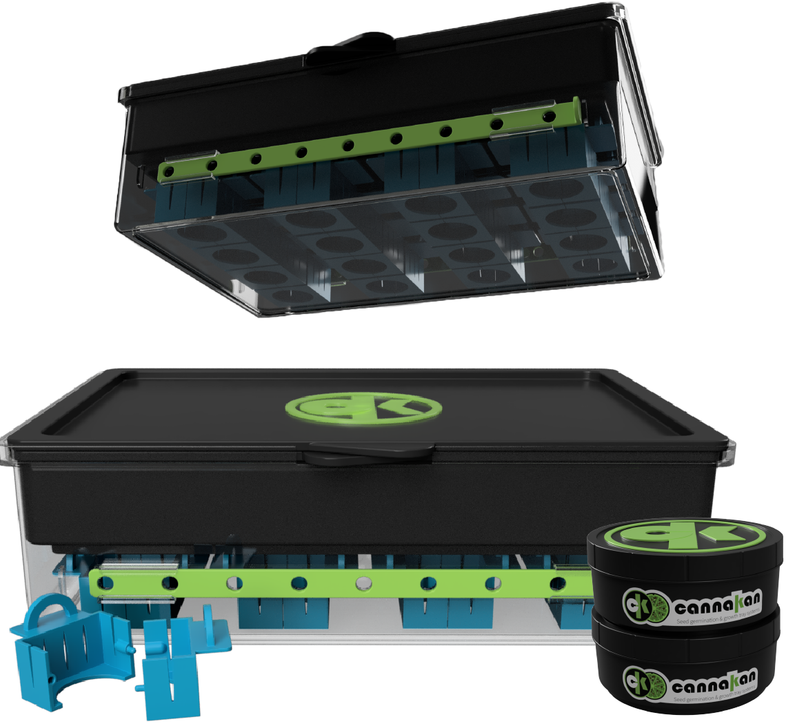 Image showing how our Kan canisters are stackable, with two KANs stacked together. The TRa germination version is also shown, self-contained and packed away, demonstrating its stackable design.