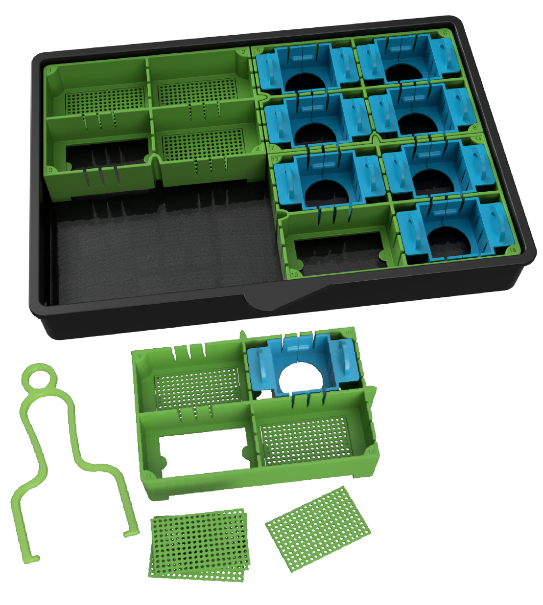 Image shows TRa germination version with split-pots, removal tool and false bottoms