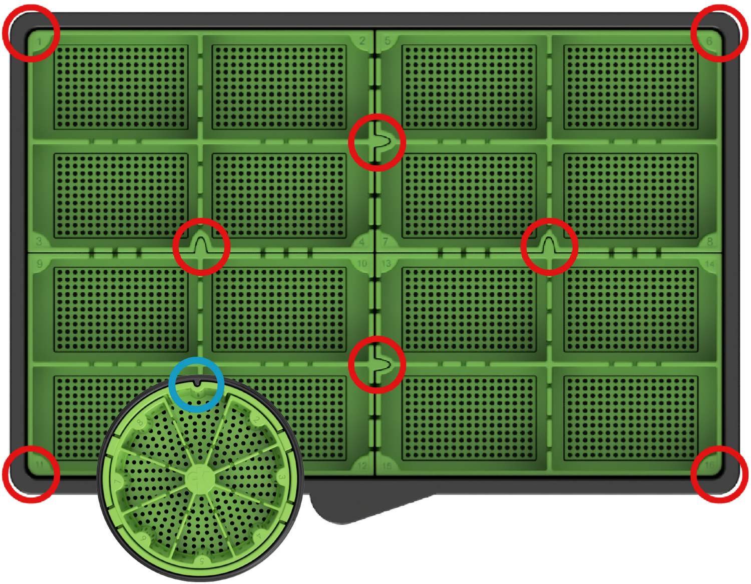 Image showing the TRa and KAN canister with an overview of the inner partitions, highlighting the slot alignment features