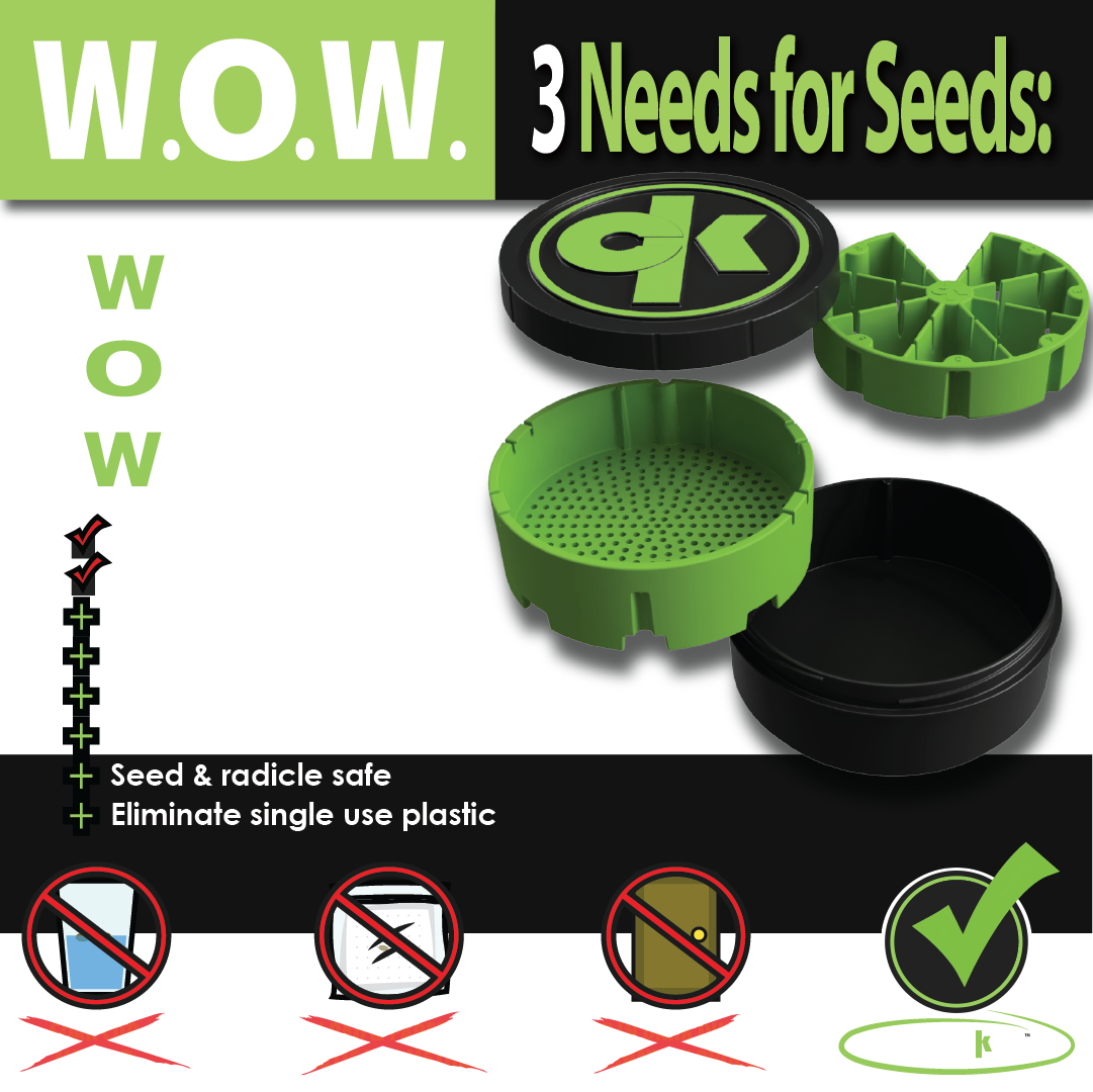 Images shows 3 needs for seeds 
W.O.W. = Water, Oxygen, Warmth
You can soak & germinate seeds. 
Highlighted benefits: Darkness, Organized, Multiple varieties at once, retains heat & humidity, seeds & radicle safe, eliminate single use plastic