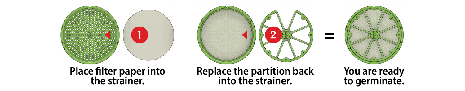Image showing how to insert our lab filter paper into the strainer.
Step 1: Place the filter paper into the strainer.
Step 2: Replace the partition back into the strainer, and you're good to go.