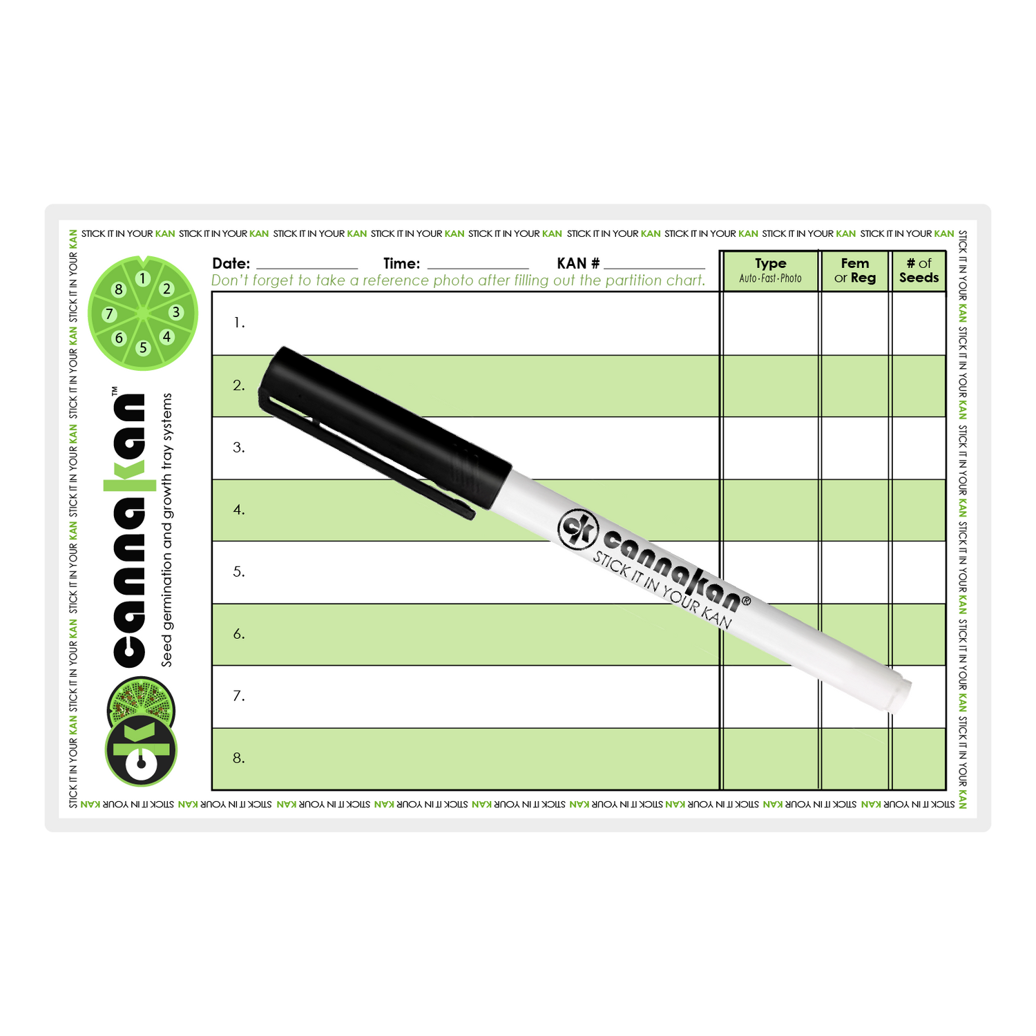 Product Image shows our partition chart, where you can fill in Date, Time, Nr of Kan as well as seed variety name, seed type (auto,fast,photoperiod), fem or reg, and amount of seeds for each of your labeled partition and our wet fine erase marker