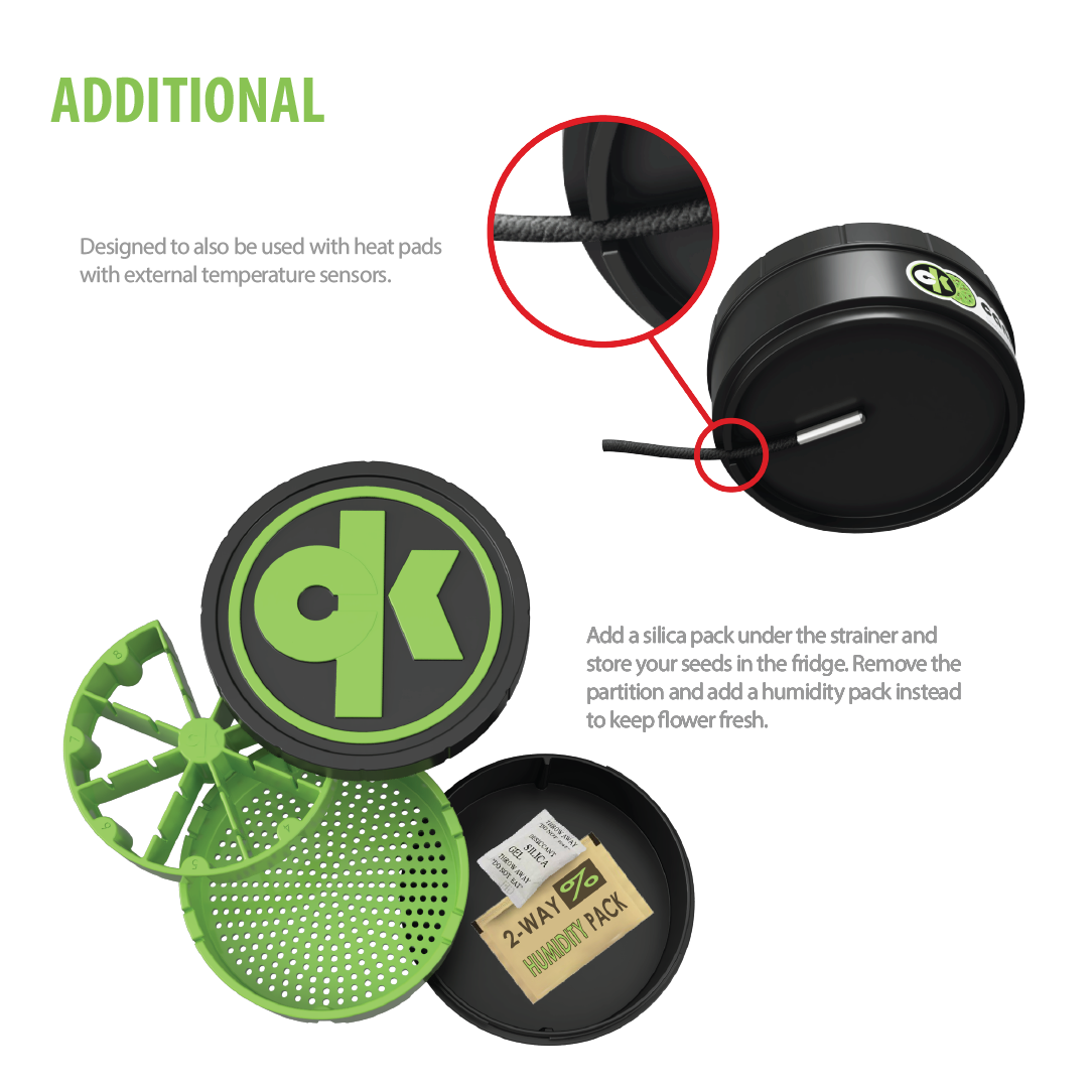 Product Image showing the bottom of the Kan canister, featuring a notch designed to accommodate an alternative heat pad with a temperature sensor that can be easily attached underneath the canister.
It also highlights its storage capabilities: use a silica pack under the strainer to store seeds in the fridge or a humidity pack to keep flowers fresh.