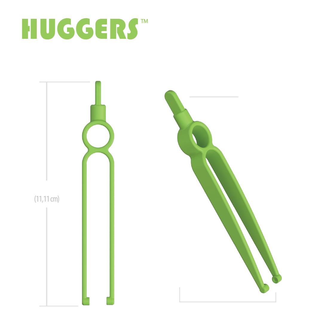 Product image showcasing our Huggers (like momma's arms), highlighting their size of 4 3/8'' (11.11 cm) with 5mm seed cups for precise handling.