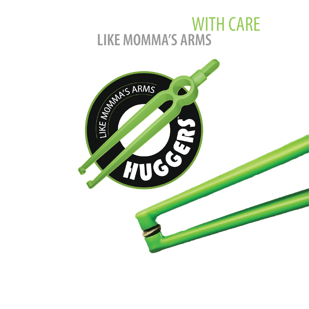 Product image shows the logo of our huggers - like momma's arms. 
And also showing our huggers seed tweezers' cupped ends grabbing a seed with care to prevent contamination or damage