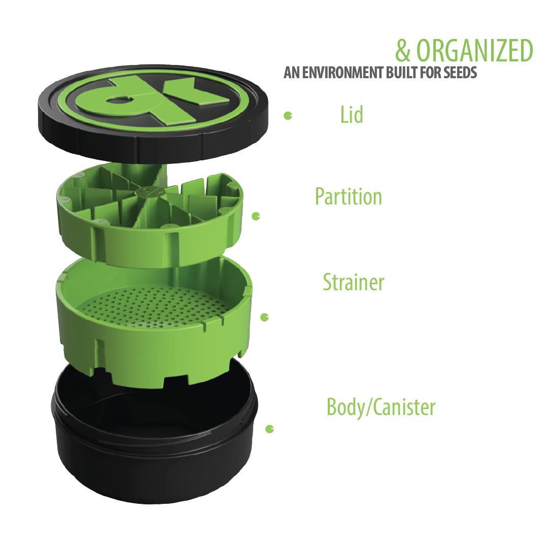 Product Image shows the full Kan Canister as blowout divided into parts starting at the bottom with the body/canister, the strainer, the partition and the lid on top