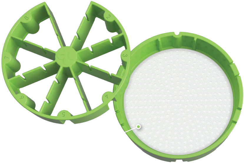 Image shows the partition and strainer of the Kan canister, with a high-quality lab filter paper placed inside to avoid any risk of seed damage.