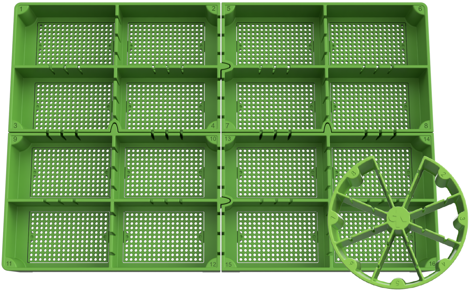 Image of our seed germination tray and kan canister inner strainer with labeled partitions, correlating to the chart columns in the partition chart.