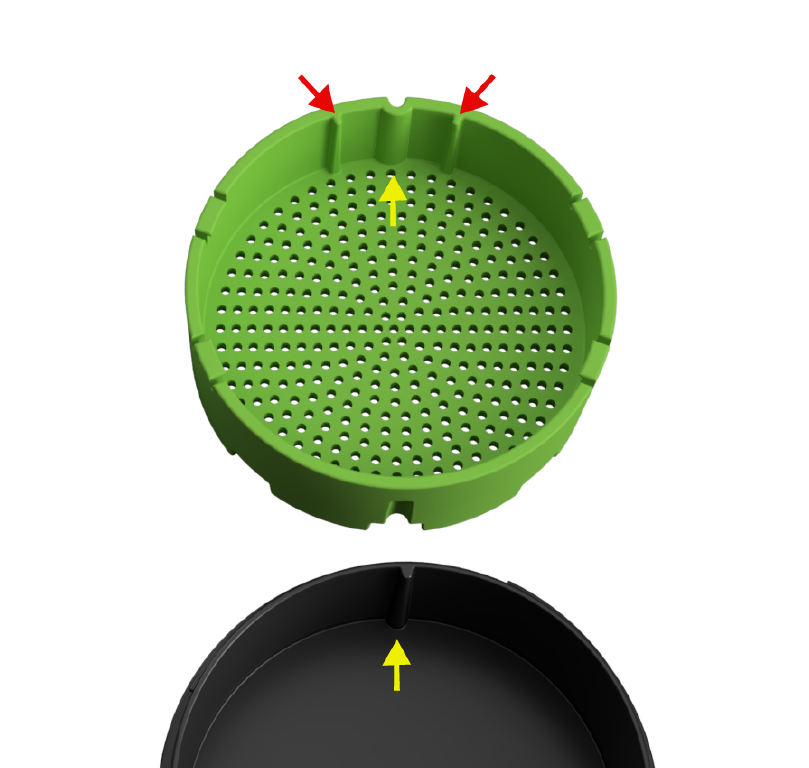 The image zoomed in showcases both the main body and the strainer component of our Kan Canister, with red arrows strategically placed to emphasize the vertical partition alignment features, ensuring precise placement of the partition within the strainer; at the same time, the yellow arrows are specifically highlighting the alignment features that are designed to securely lock the strainer into the canister body, preventing any unintended movement while maintaining structural integrity and functionality. 