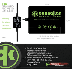 Image showcasing our high-quality heat pad, designed with energy-saving FAR infrared technology. Its certified with MET, FCC, CE, and IP67 as safety standards for US, Canada and the EU. All heat pads are fully tested.

Image also highlights our heat pad controller showing the temperature setting and real-time heat pad temperature. Includes buttons for power and temperature adjustment, with a built-in power failure memory feature.