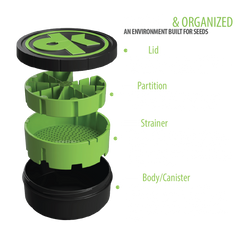 Product Image shows the full Kan Canister as blowout divided into parts starting at the bottom with the body/canister, the strainer, the partition and the lid on top