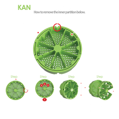 Product image displaying the different parts of our strainer, including:
- The strainer itself
- Alignment features
- Inner partition part

It also illustrates Step 1 and Step 2 of removing the inner partition to replace it with a new lab filter paper.